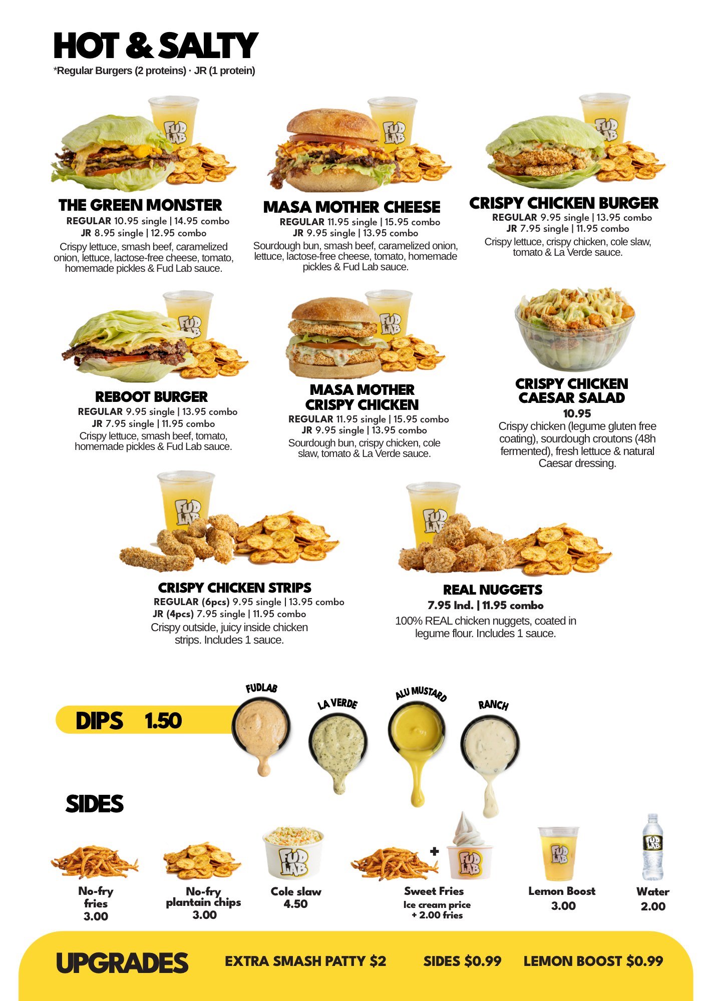 Fud Lab menu, page 1: burgers, chicken, salads, sides and sauces