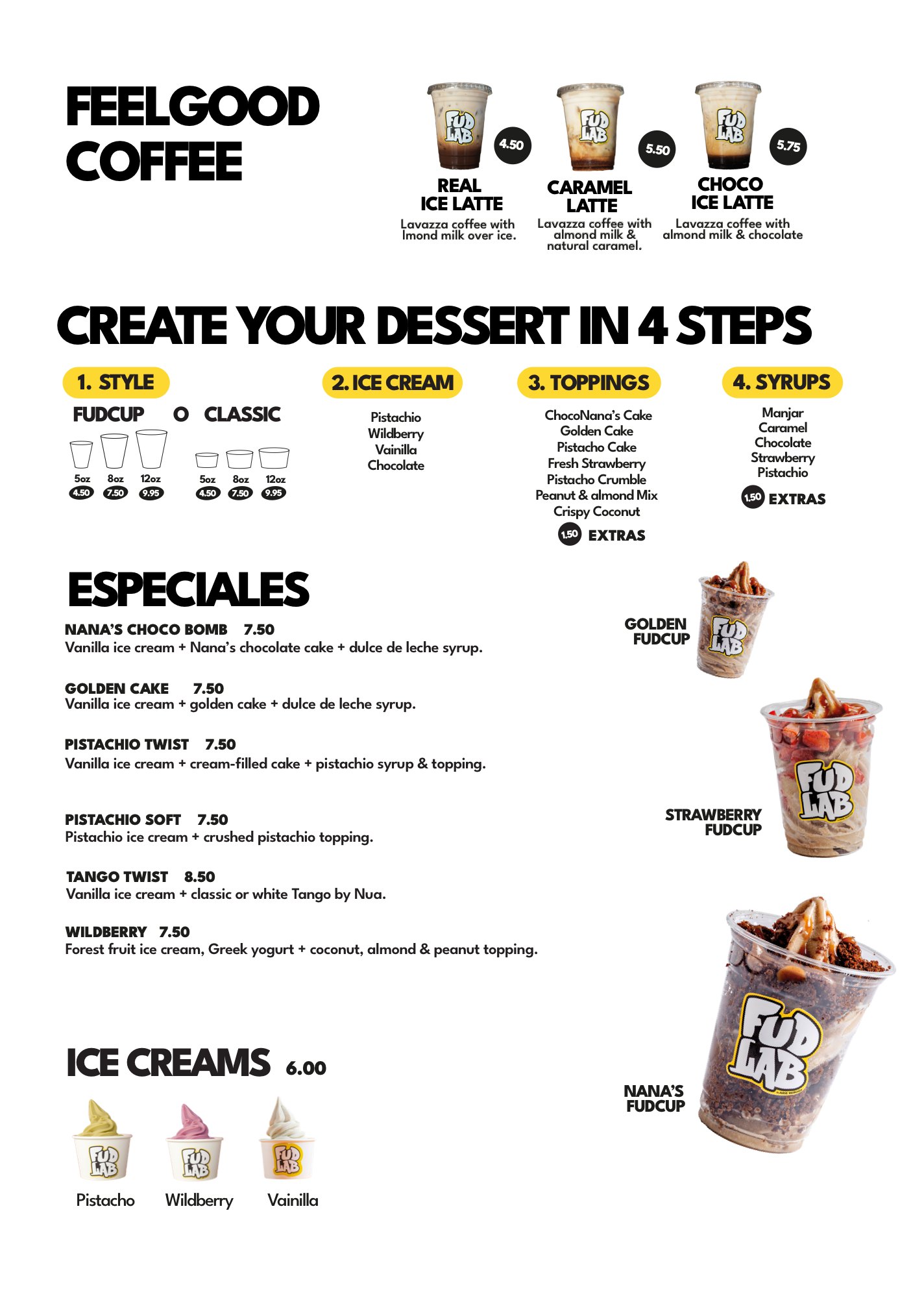 Fud Lab menu, page 2: ice cream, coffee and Fud Bar desserts